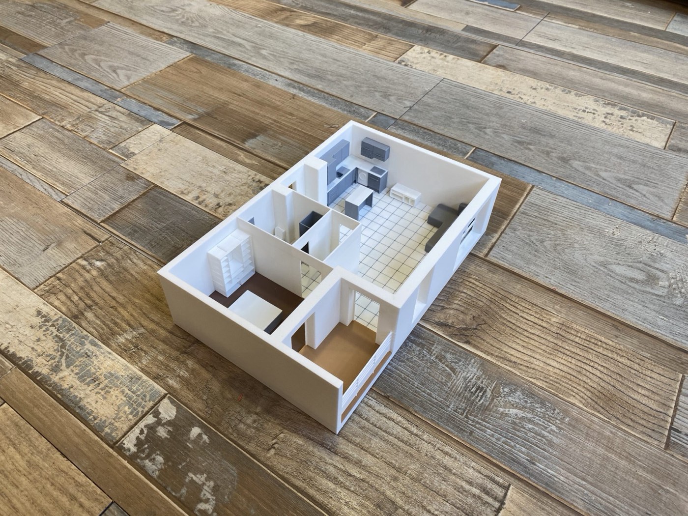 Floorplan imprimé en 3D : plan d'appartement en volume avec mobilier